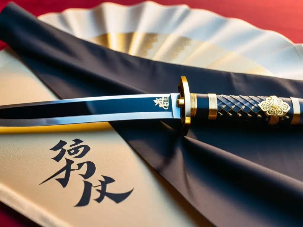 Una katana bellamente elaborada descansa junto a armadura samurái y caligrafía tradicional