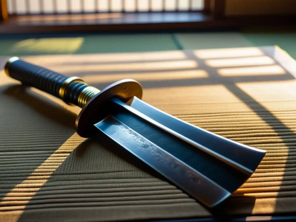 Una katana envejecida reposa sobre un tatami japonés, iluminada por la suave luz matutina