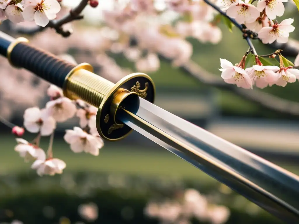 Un katana descansa entre flores de cerezo, evocando la poesía y el impacto de la cultura samurái