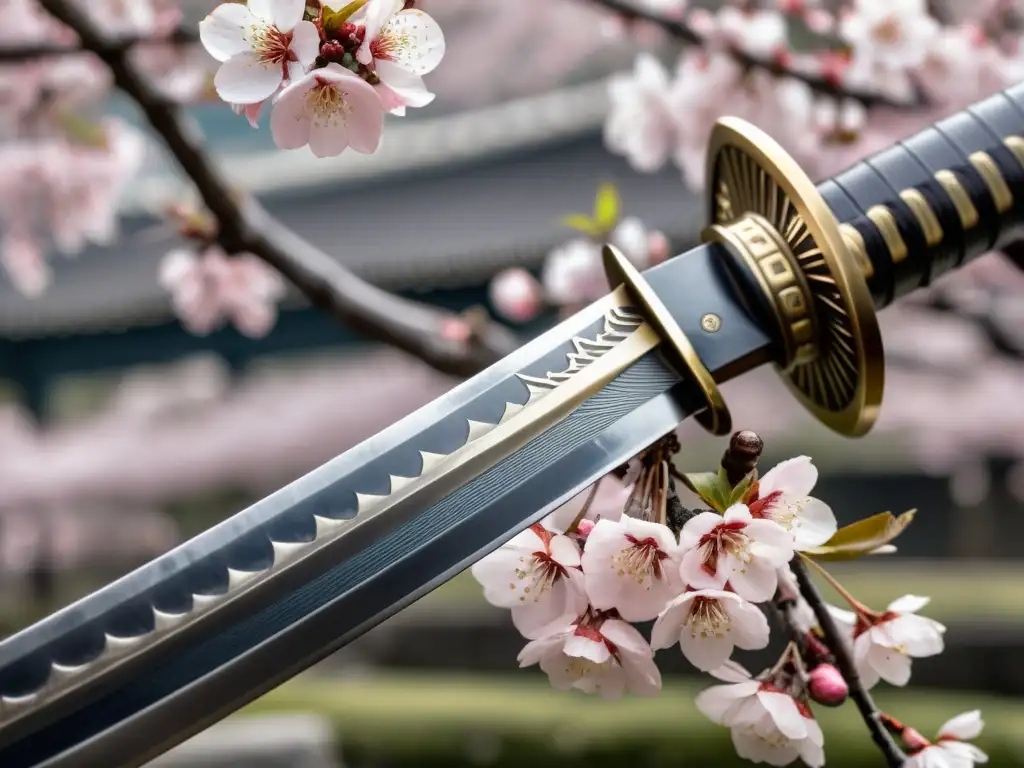 Una katana descansa sobre un fondo de cerezos en flor, simbolizando la feminidad y ferocidad en samurái