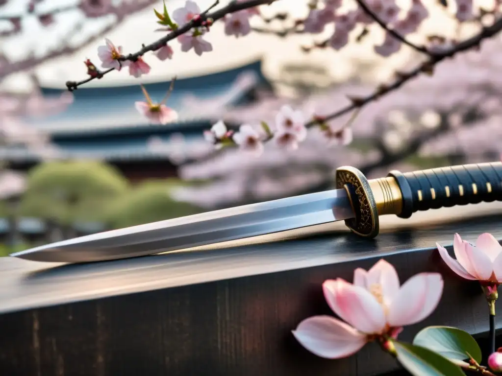 Un katana japonés descansa entre cerezos en flor, resaltando su elegancia atemporal y la influencia cultural de la estética samurái moderna