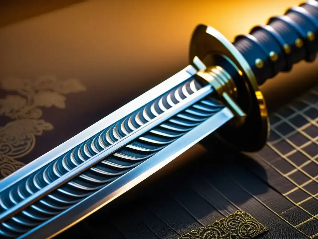 Un katana japonés detallado muestra la artesanía de acero y ornamentos, en un dojo iluminado