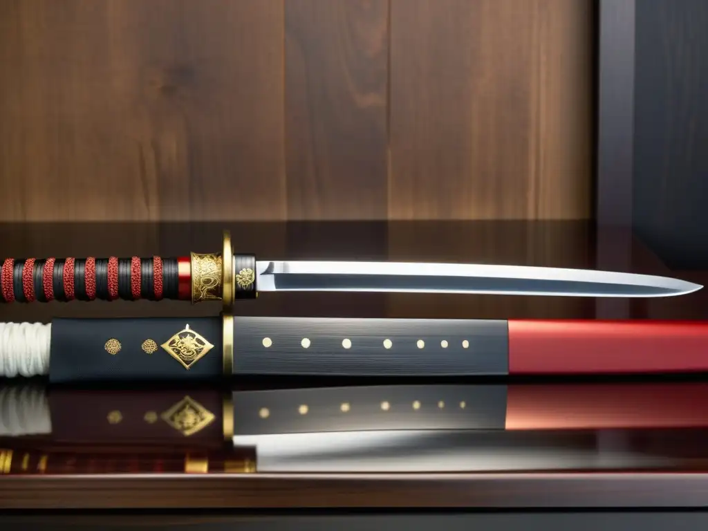 Un katana japonés tradicional reposa sobre un soporte de madera oscura