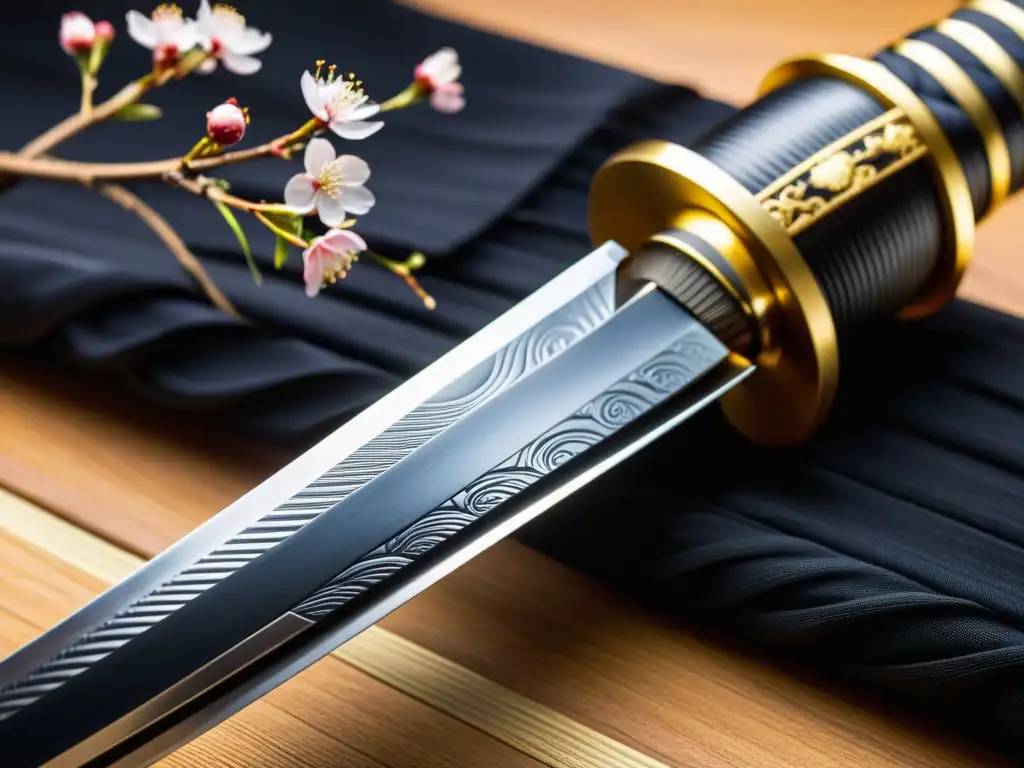 Una katana japonesa de acero plegado con decoración de cerezos