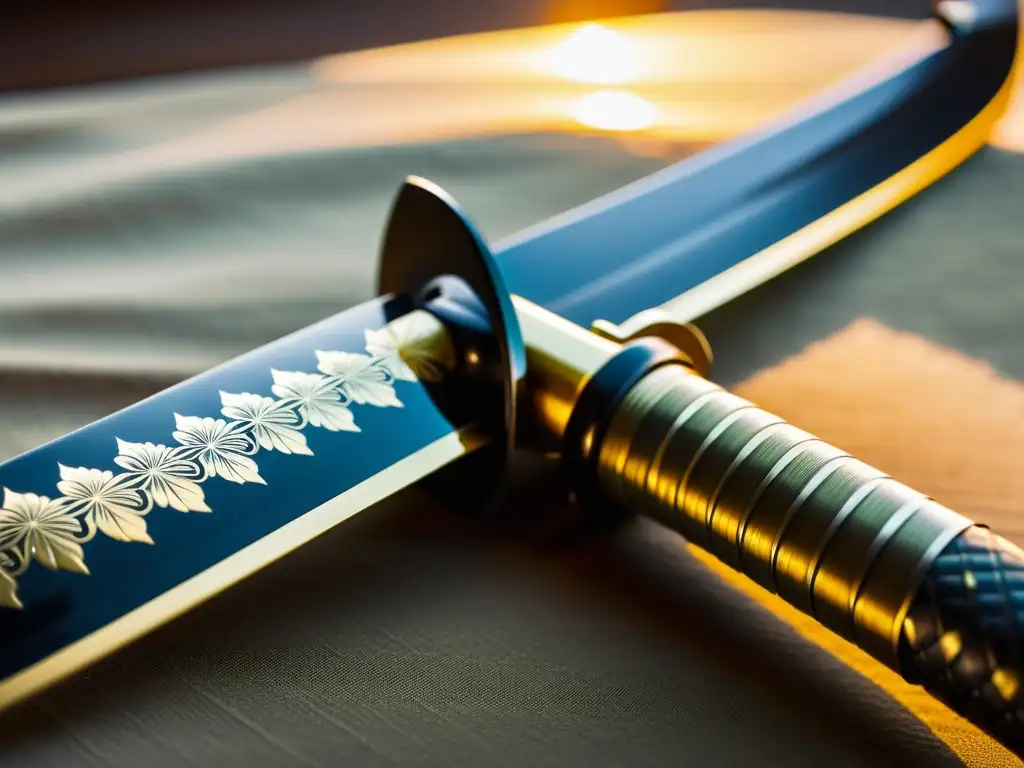 Una katana japonesa antigua con detalles en la empuñadura, reflejando la luz natural