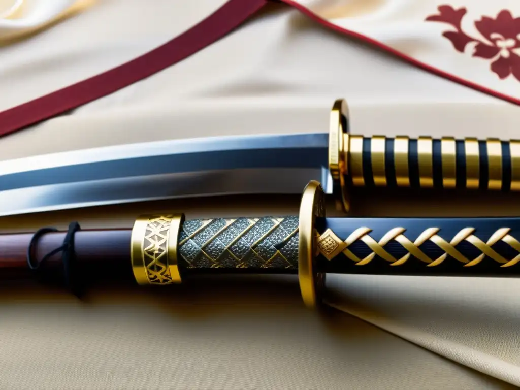 Una katana japonesa antigua con inscripciones y un mango ornamental, iluminada suavemente, evocando la relación samurái con el imperio mongol