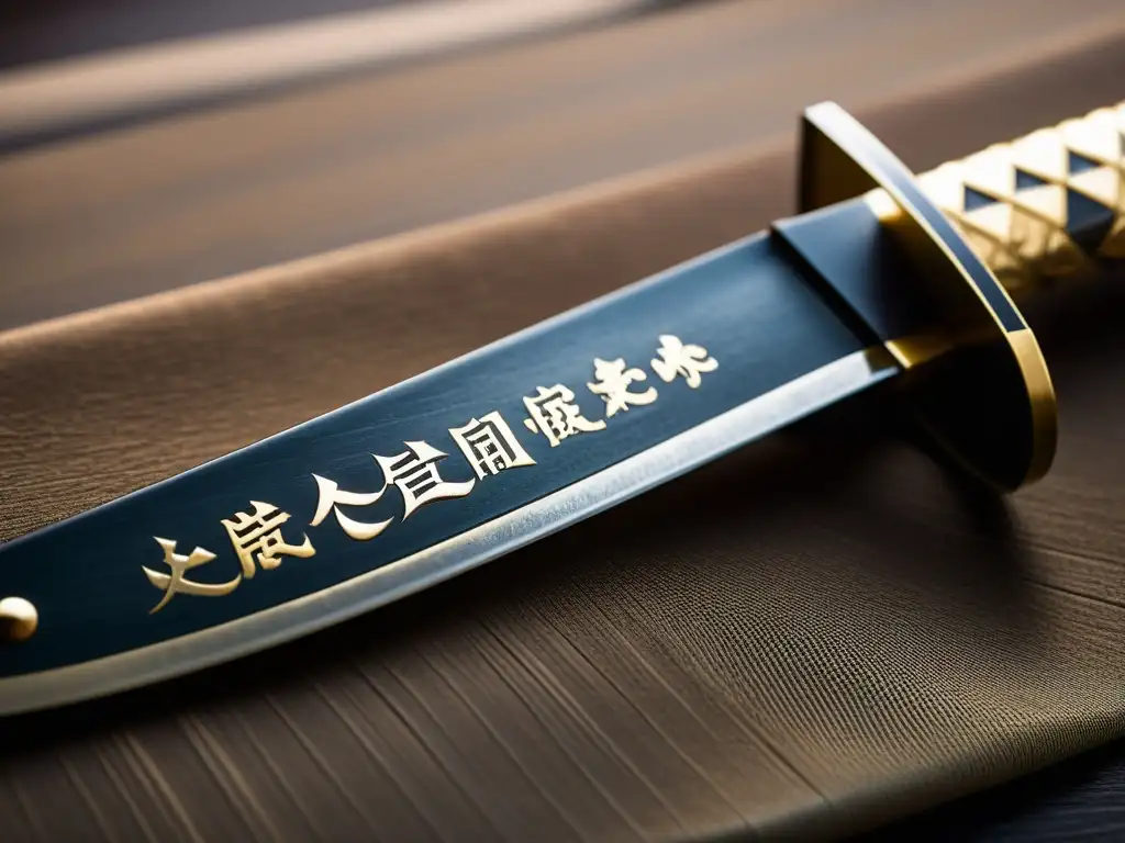 Una katana japonesa antigua con profundos grabados de kanji y motivos decorativos, que revelan la historia y los significados inscritos en la hoja