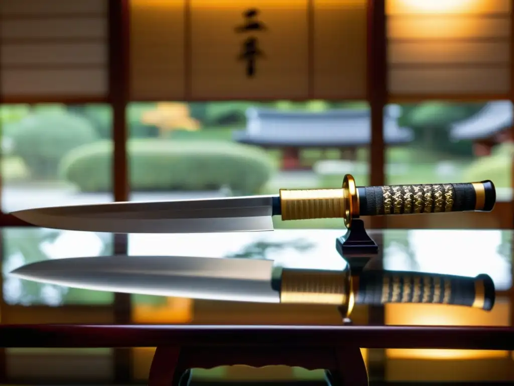 Una katana japonesa antigua se exhibe en un soporte tradicional, con la hoja reflejando la suave luz y un samurái contemplándola con reverencia