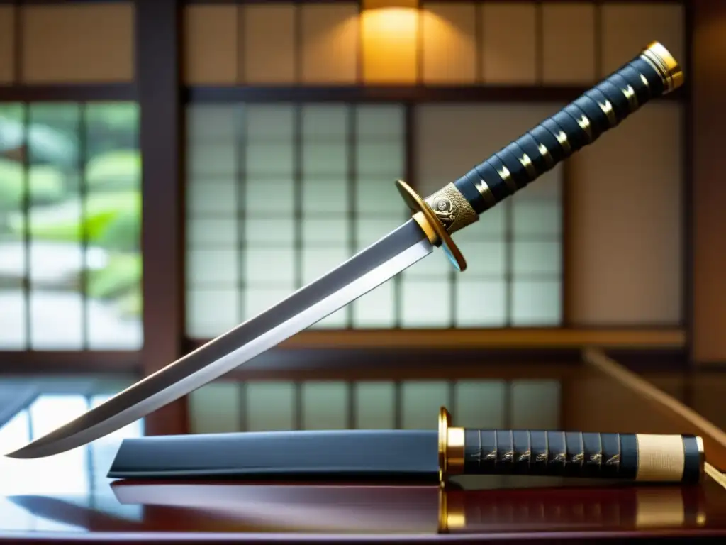 Una katana japonesa exhibe su belleza artesanal bajo luz natural, junto a un bonsái y un set de té, simbolizando el rol de los samuráis en diplomacia