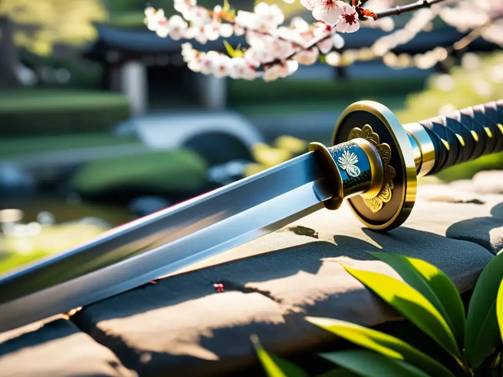 Una katana japonesa muestra su belleza en un jardín japonés con flores de cerezo, creando un legado de los samuráis