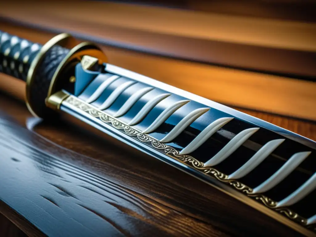 Una katana japonesa en blanco y negro, con detalles intrincados y una elegancia que refleja la influencia ética samurai