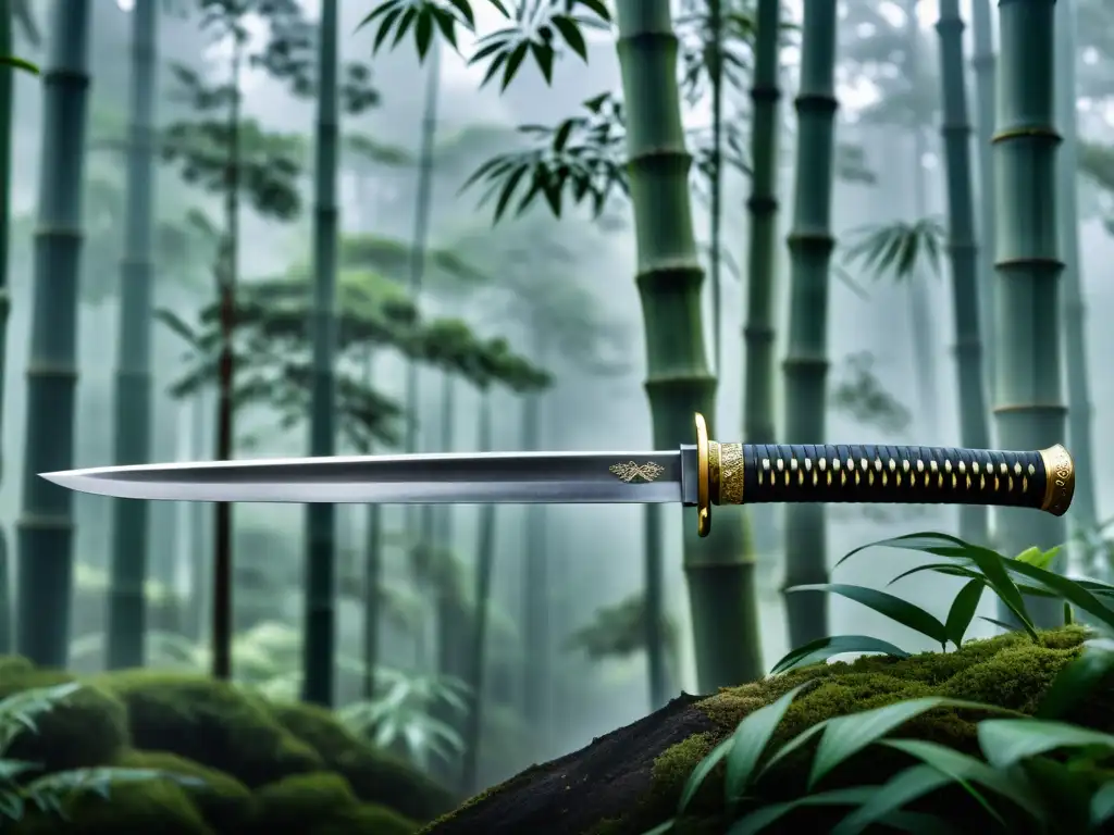 Una katana japonesa en un bosque de bambú brumoso, evocando tradición y la demanda global de armamento samurái