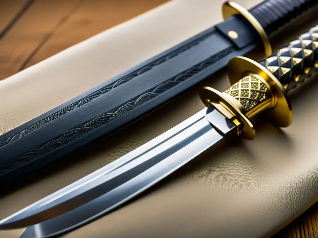 Una katana japonesa clásica con detalles exquisitos y un fondo de arte tradicional japonés