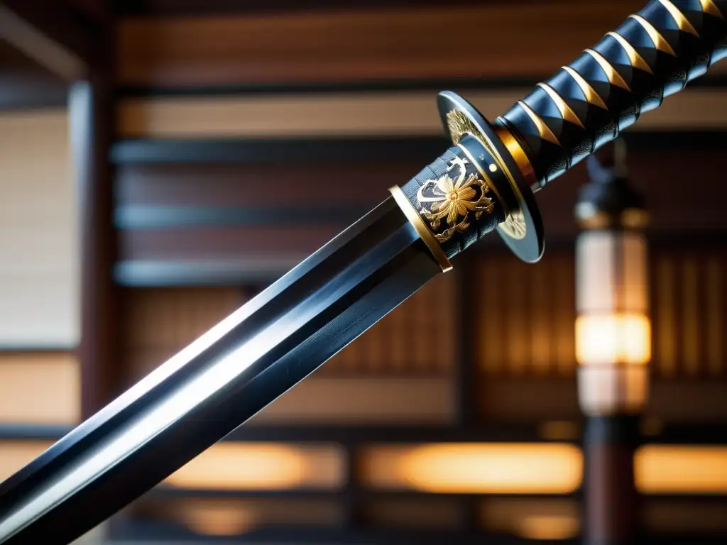 Una katana japonesa detallada en un dojo iluminado, evocando historia y artes marciales