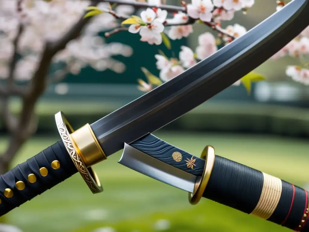 Una katana japonesa exquisitamente detallada descansa sobre un fondo de jardín japonés sereno con cerezos en flor