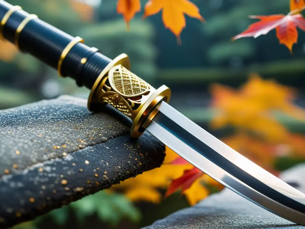 Una katana japonesa detallada descansa sobre un jardín tranquilo