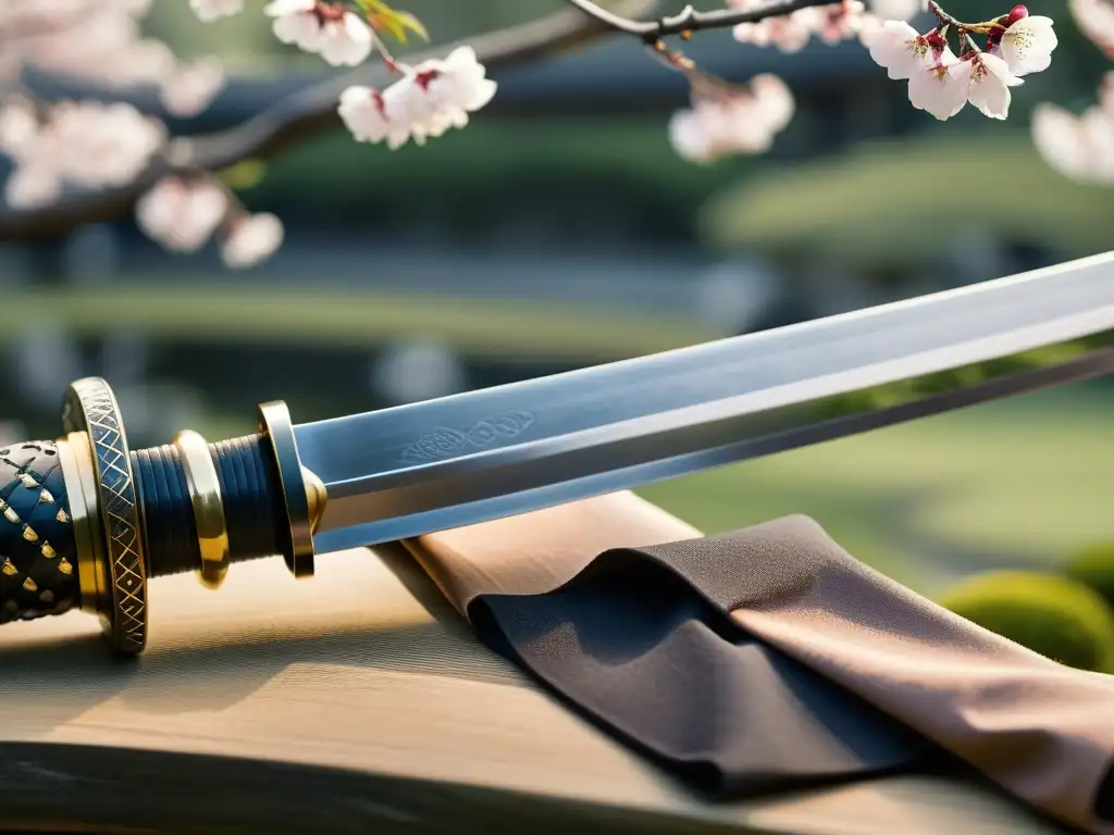 Una katana japonesa con detalles elegantes y hoja de acero, en un jardín de cerezos en flor