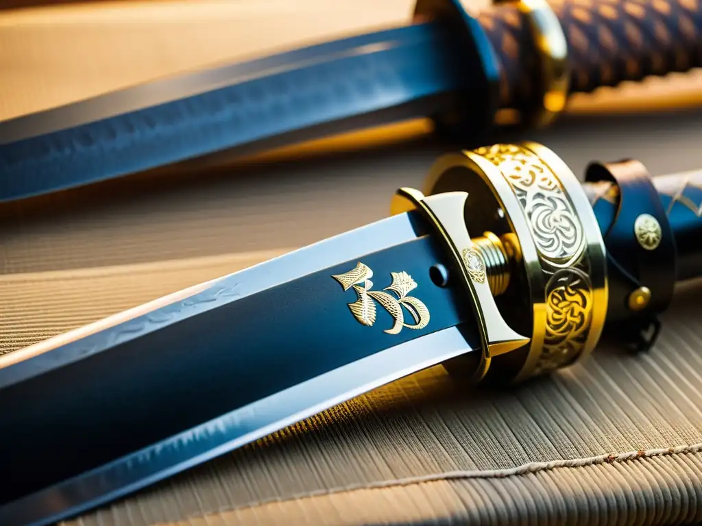 Una katana japonesa con detalles exquisitos y una hoja perfectamente templada, reflejando la luz suave de un dojo tradicional