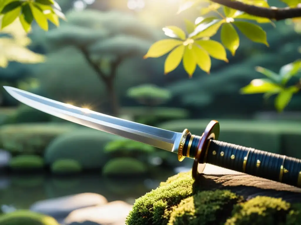 Una katana japonesa con detalles intrincados, en un jardín sereno evocando la influencia de la filosofía samurái