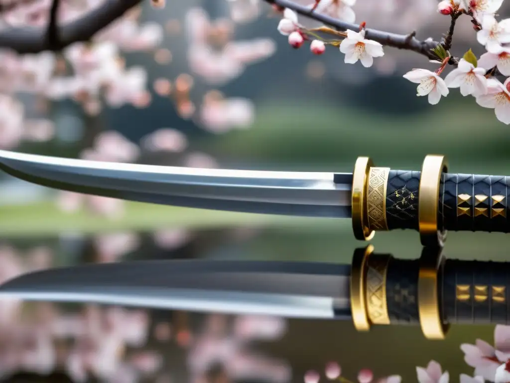 Una katana japonesa con detalles intrincados, hoja afilada y reflejos de acero, sobre un fondo de flores de cerezo