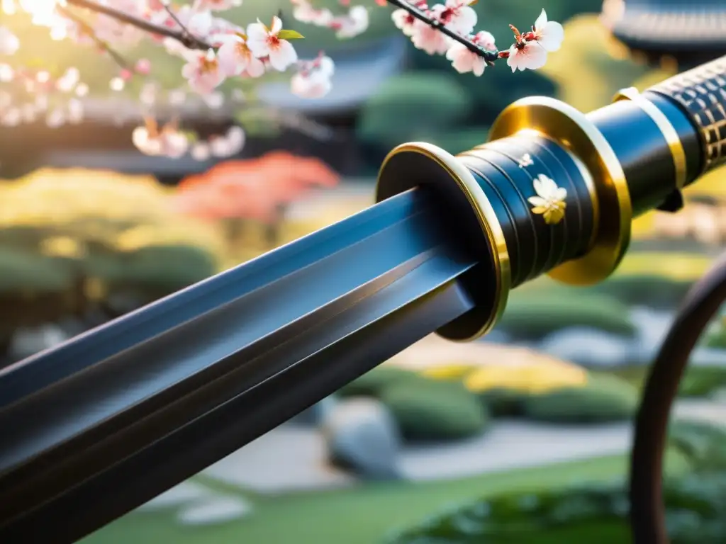 Una katana japonesa con detalles ornamentados, reflejando la luz natural