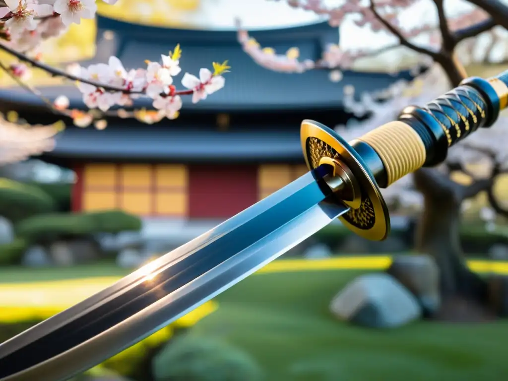 Una katana japonesa con detalles tallados a mano y una hoja reluciente, reflejando la luz ambiental en un jardín japonés con cerezos en flor y una linterna de piedra, capturando la esencia del Bushido en la vida cotidiana