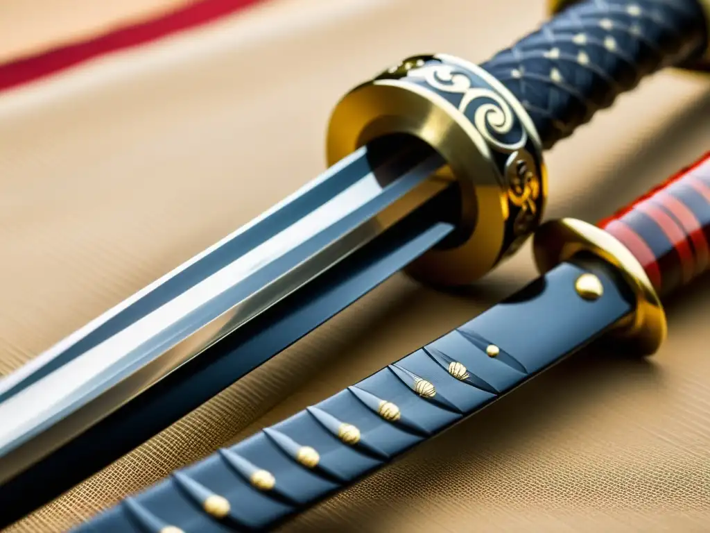 Una katana japonesa con detalles únicos, incluyendo la estética única de la katana, sobre un fondo de motivos japoneses y cerezos en flor