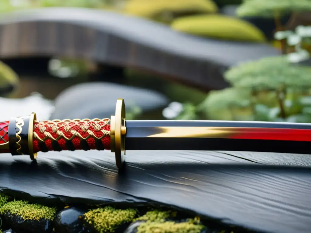 Una katana japonesa con saya roja y dorada en un jardín tranquilo, evocando el arte del samurái tácticas