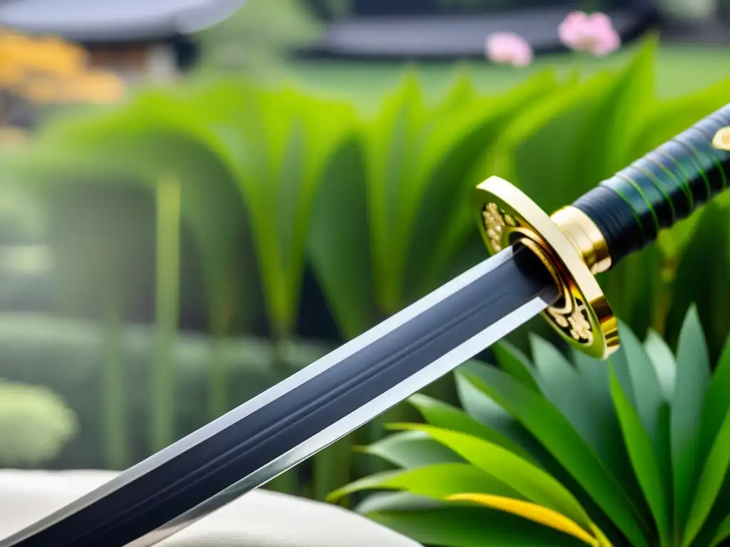 Una katana japonesa exquisitamente elaborada exhibida en un jardín tradicional, capturando la esencia de las historias personales samurái katanas