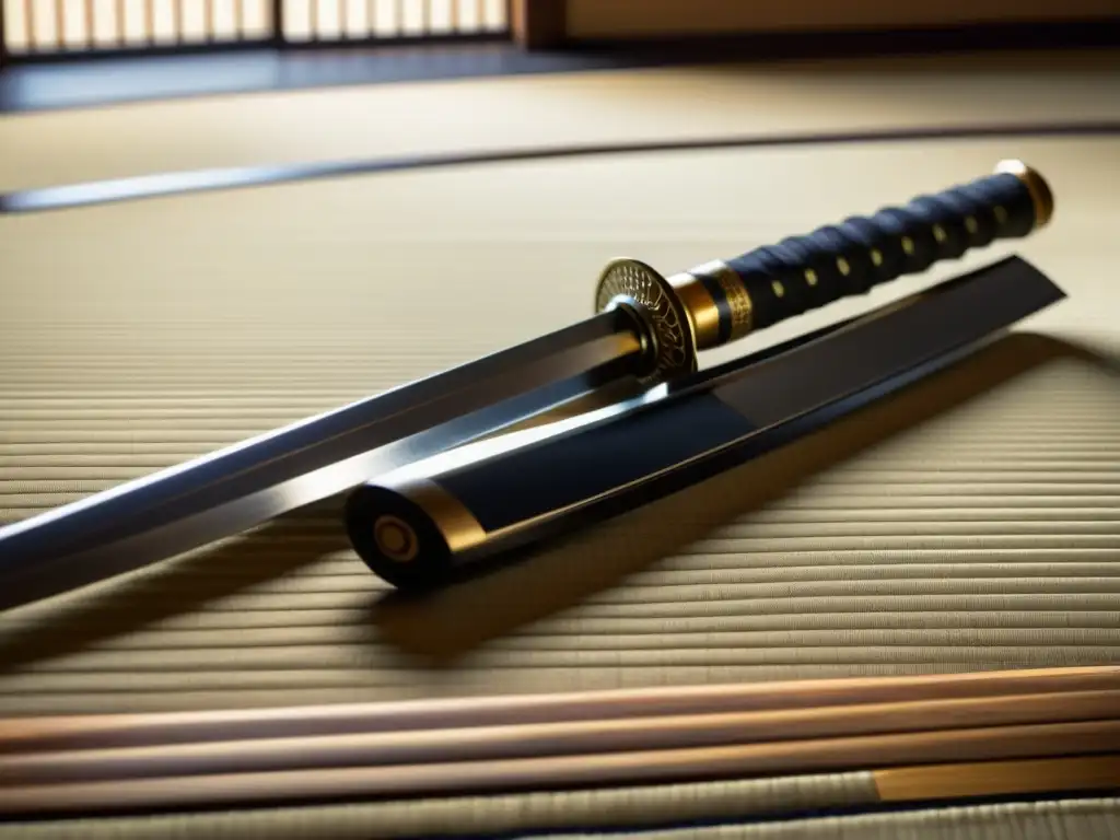 Una katana japonesa en un elegante entorno de tatami, reflejando la artesanía del Arte Samurái en la Era Moderna