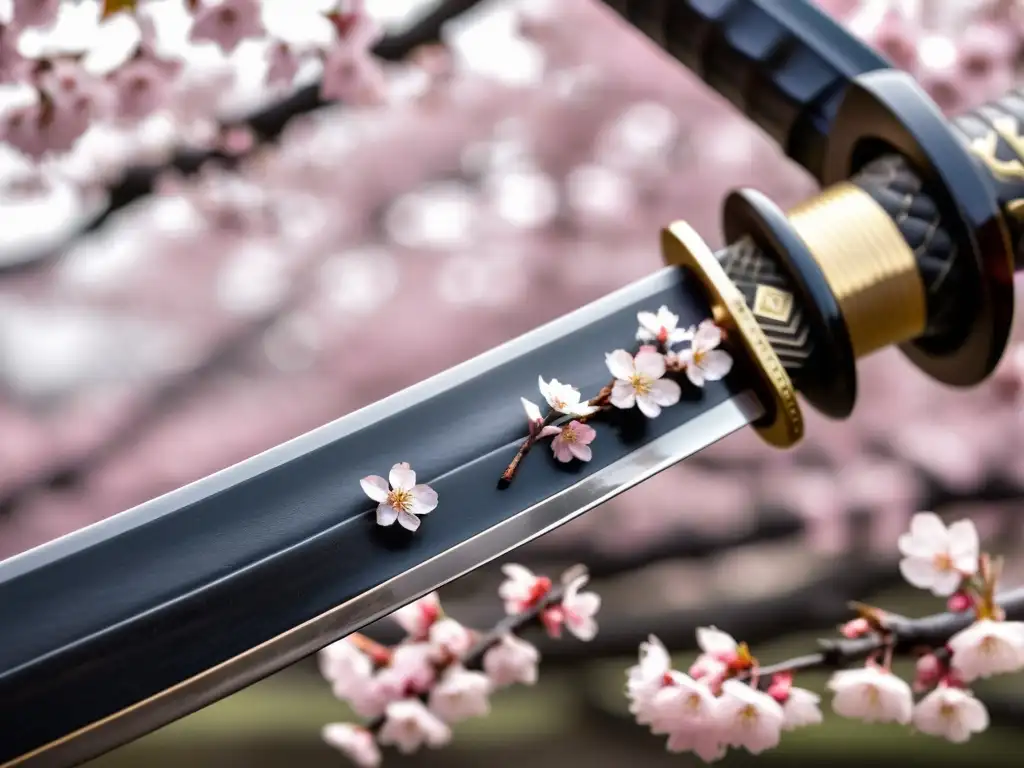 Una katana japonesa con engravings de sakura y kanji, reflejando la belleza del haiku en cultura samurái