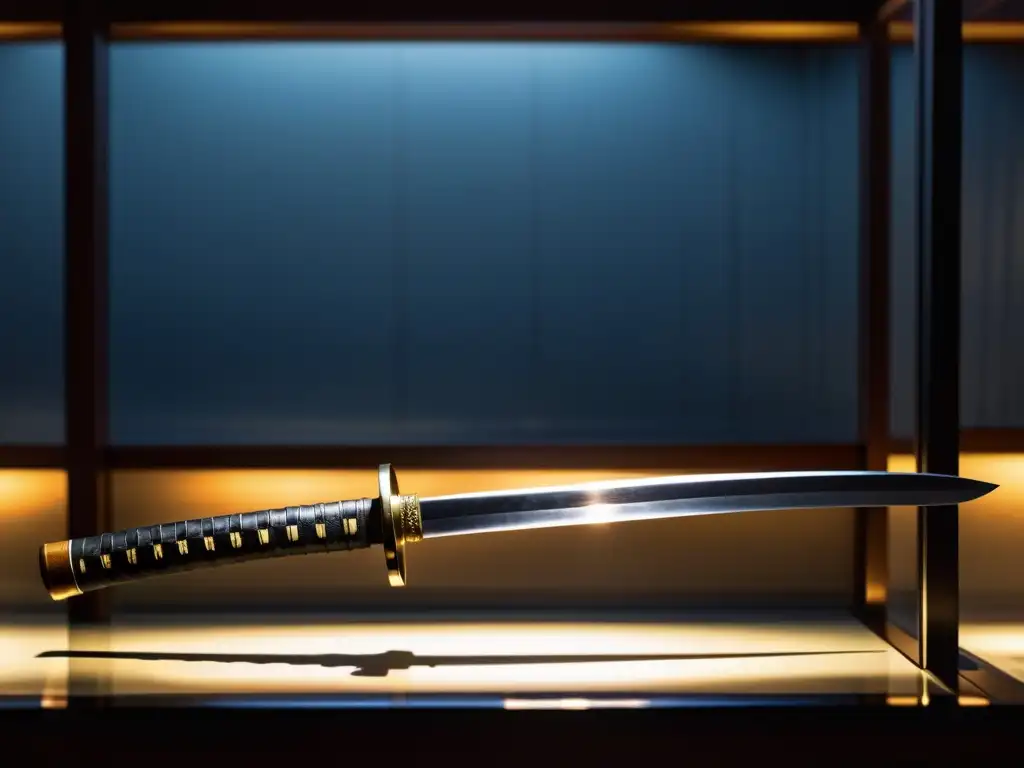 Se muestra una katana japonesa en un estuche de vidrio en una sala de exposiciones tenue