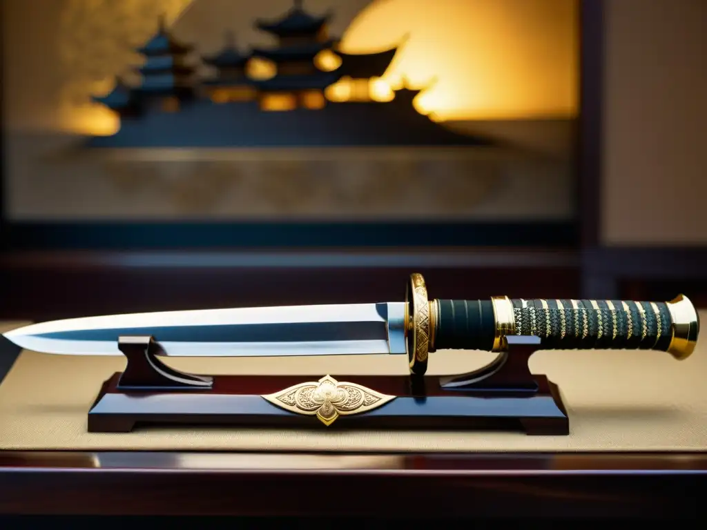 Una katana japonesa exhibida en un soporte de terciopelo, con detalles ornamentales y forja artesanal