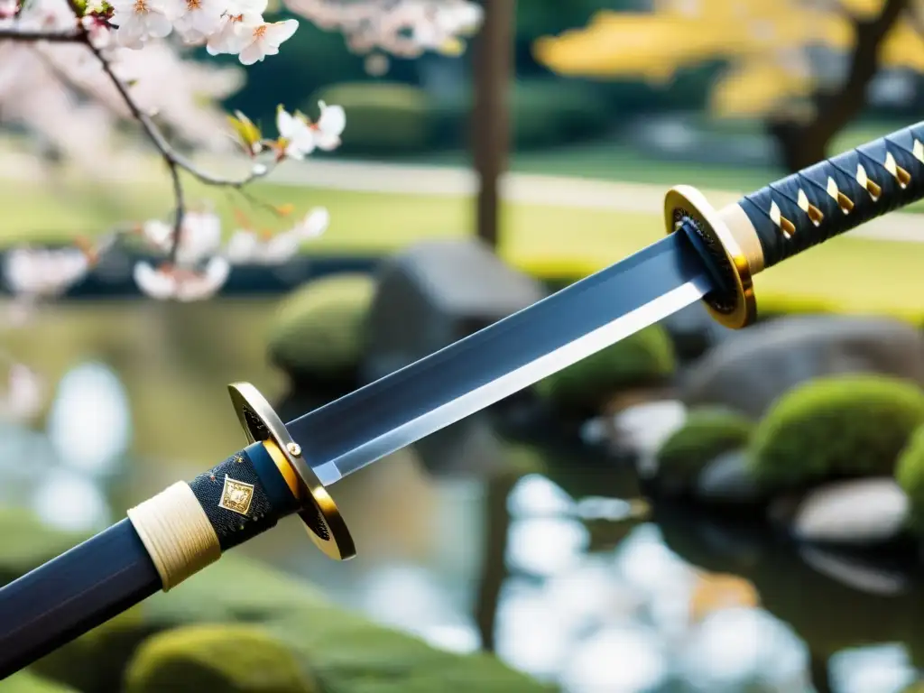 Una katana japonesa con exquisito diseño, en un jardín de cerezos en flor