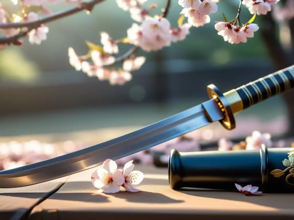 Una katana japonesa descansa sobre flores de cerezo, con luz suave y un ninja en la distancia