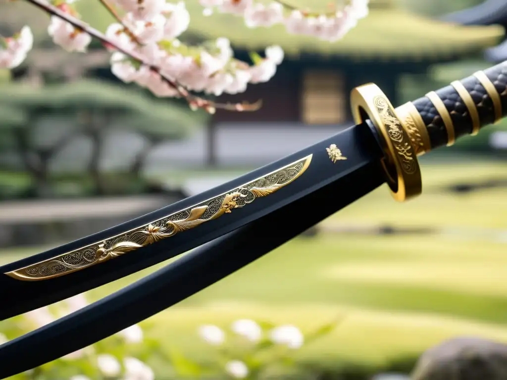 Una katana japonesa con grabados de batalla y honor, reflejando la luz suave de un dojo tradicional