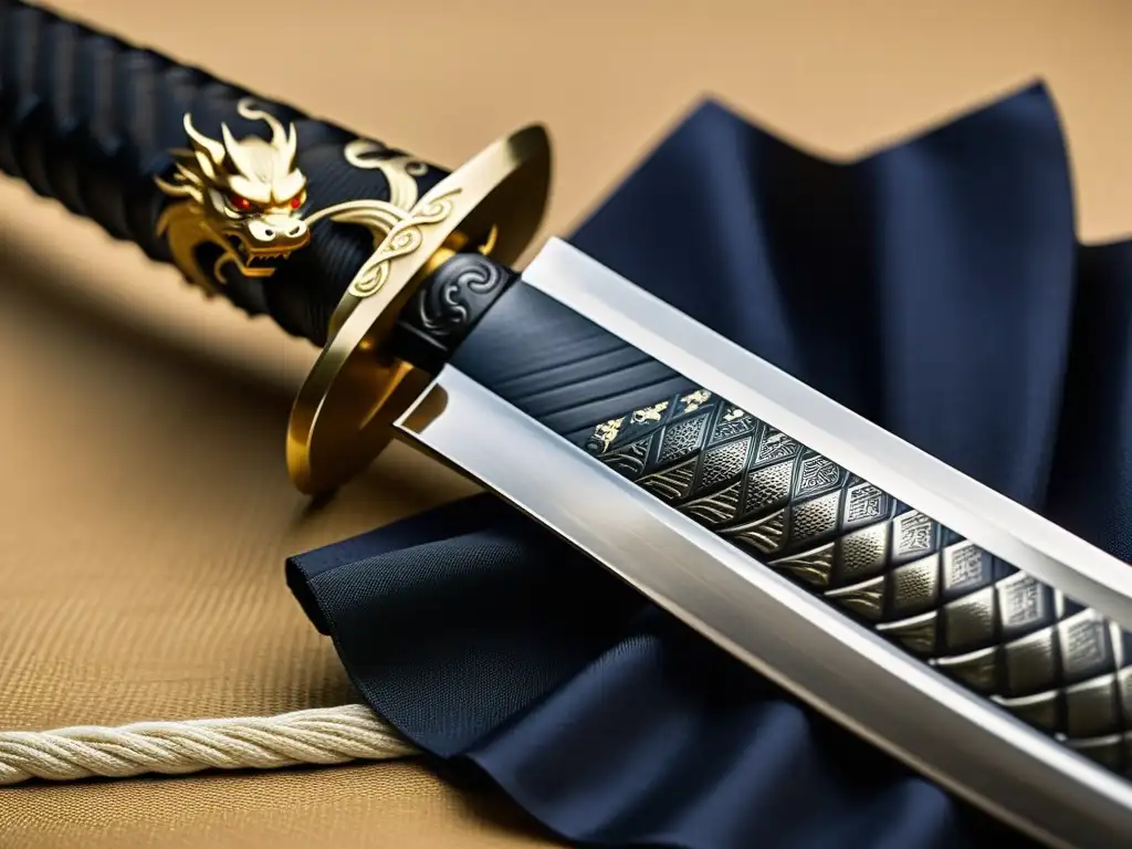 Una katana japonesa, con hoja de acero plegado y empuñadura envuelta en seda negra, refleja la influencia de la filosofía budista en los samuráis