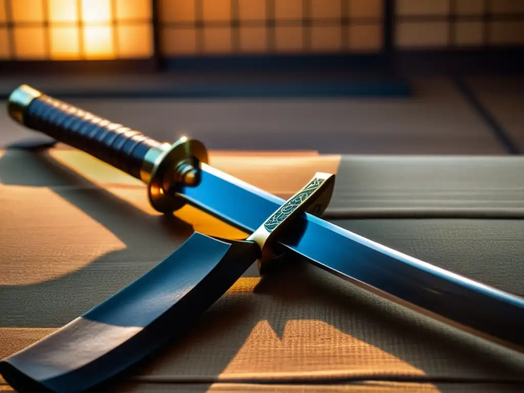 Un katana japonesa, con hoja grabada y empuñadura de cuero gastado