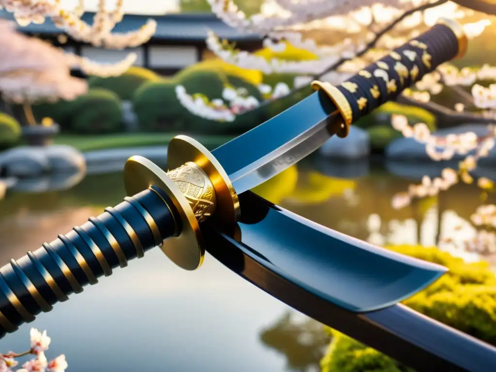 Una katana japonesa descansa en un jardín sereno con cerezos en flor, reflejando enseñanzas inspiradoras de samuráis