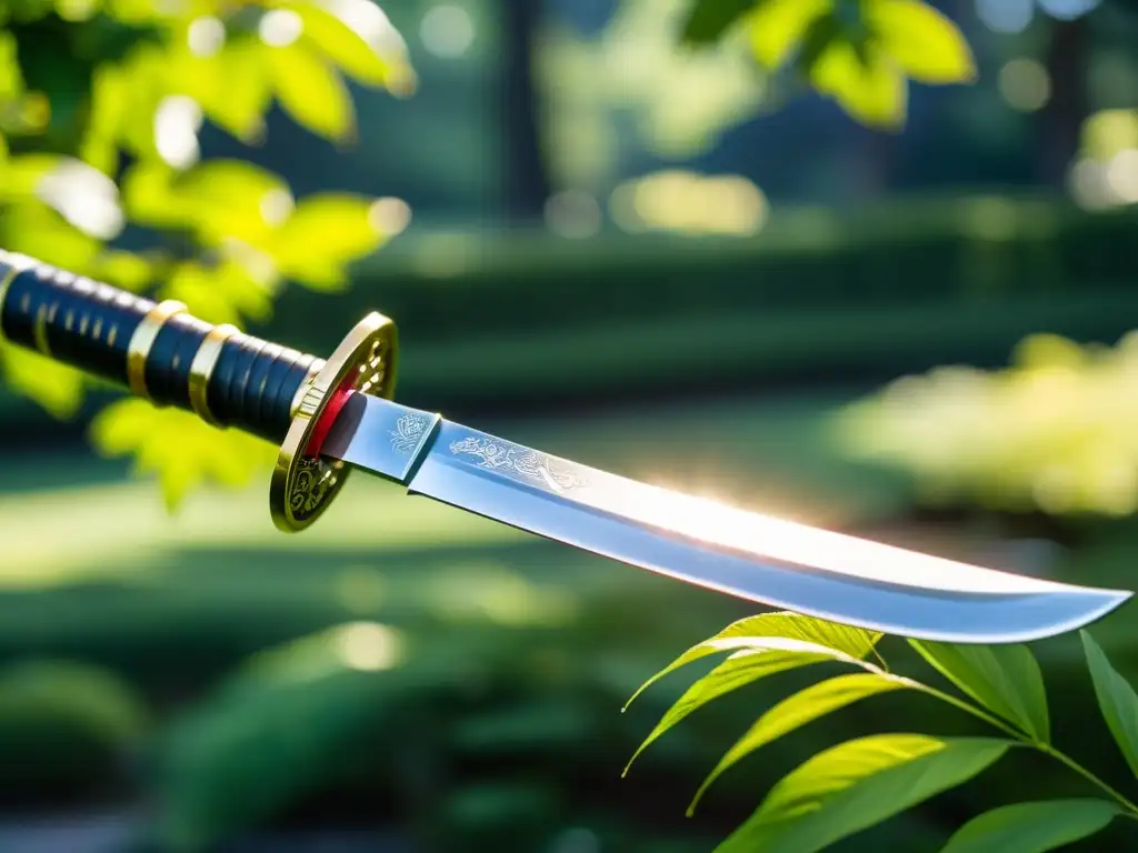 Una katana japonesa se exhibe en un jardín sereno, reflejando la artesanía samurái