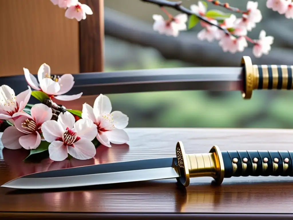 Una katana japonesa descansa sobre madera pulida, con detalles exquisitos y flores de cerezo, en una atmósfera de serenidad samurái