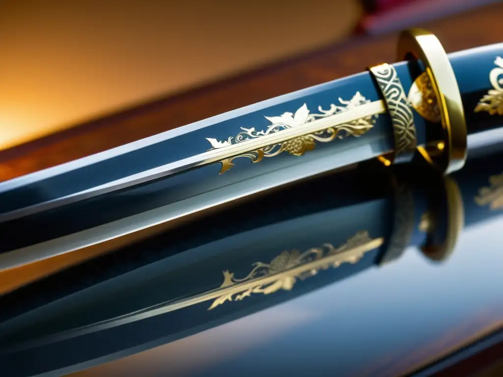 Una katana japonesa con marcas y firmas, bañada en luz natural, revela su artesanía y simbolismo samurái