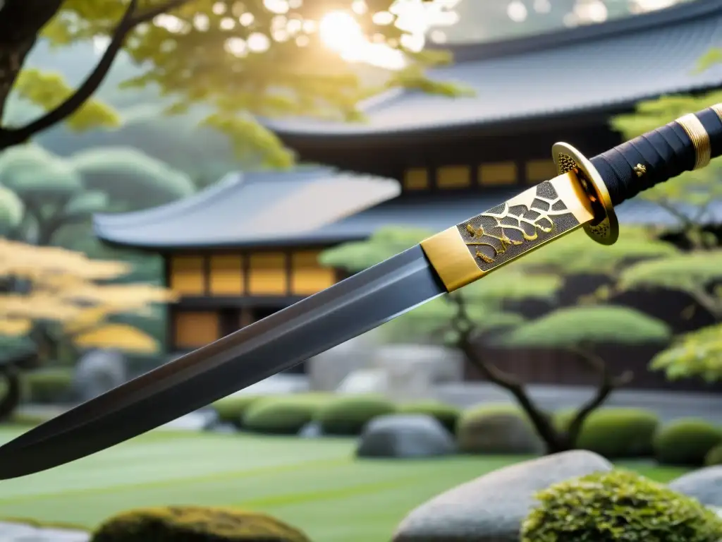 Una katana japonesa con patrones de acero revelados por la luz, envuelta en seda negra, en un jardín japonés sereno con niebla