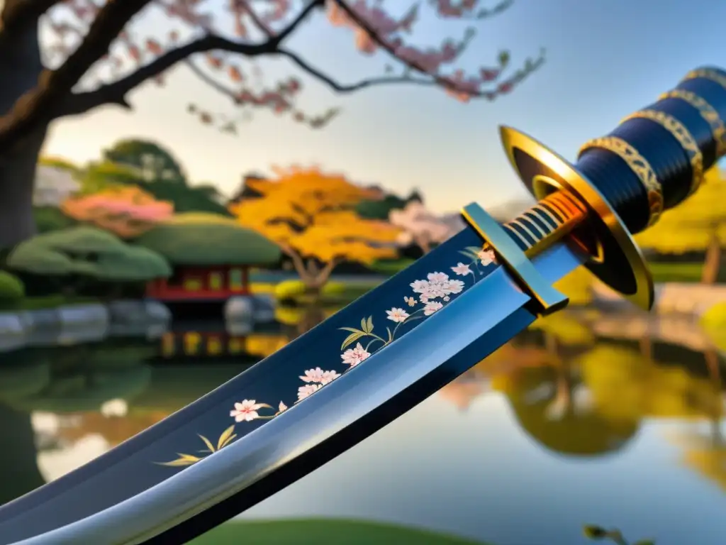 Katana japonesa: legado samurái en la puesta de sol Una katana japonesa con patrones intrincados, reflejando la luz del atardecer en un jardín sereno con cerezos en flor