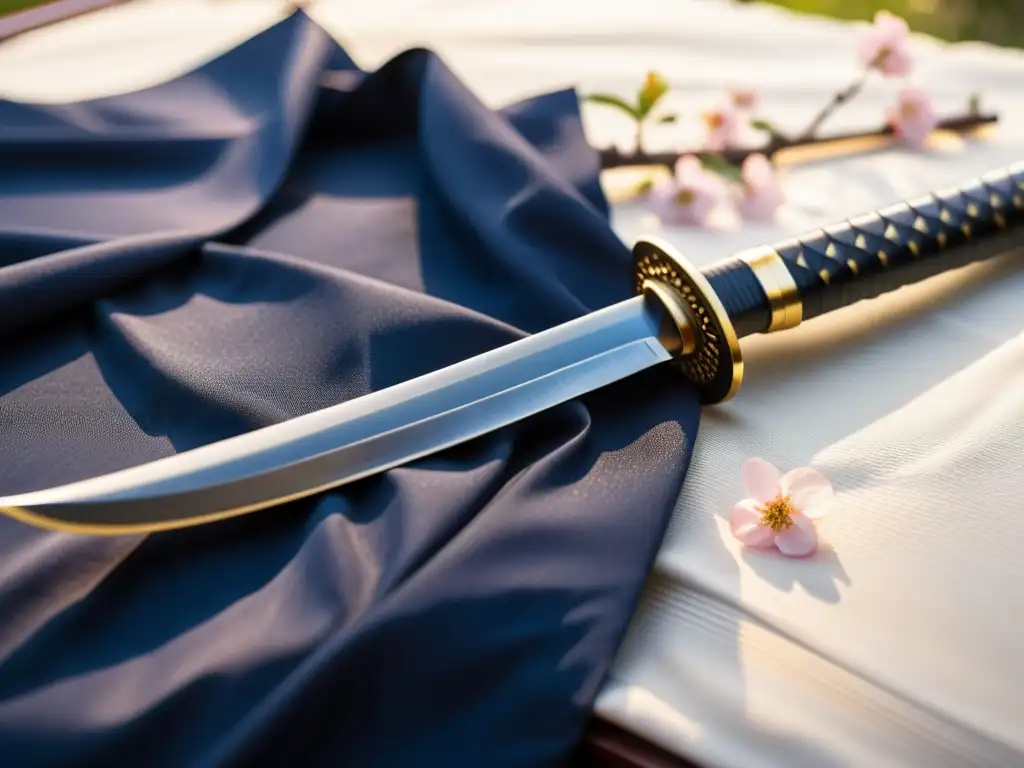 Una katana japonesa reposa sobre pétalos de cerezo, con diseño intrincado y empuñadura de seda azul