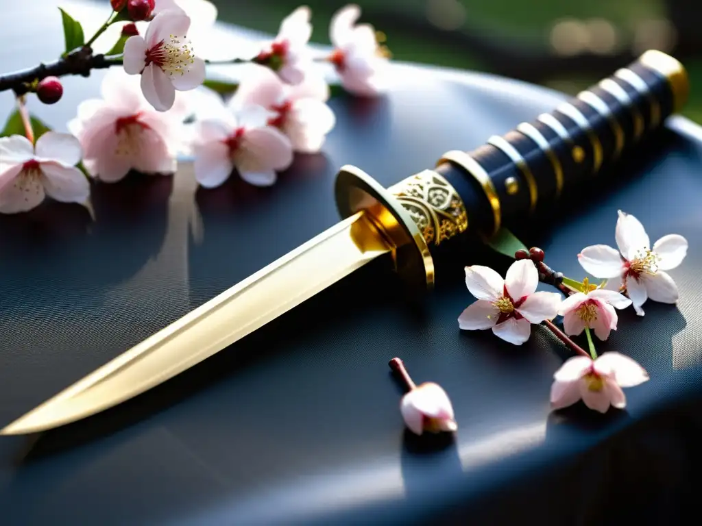 Una katana japonesa descansa sobre pétalos de cerezo, reflejando su belleza en una luz suave