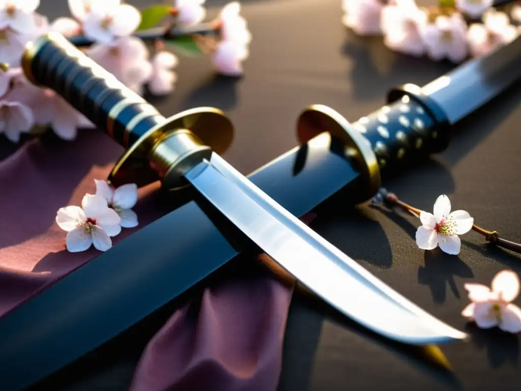 Una katana japonesa descansa sobre pétalos de cerezo