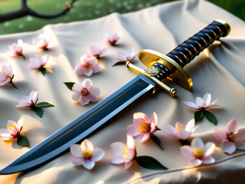 Una katana japonesa descansa sobre pétalos de cerezo, iluminada por la suave luz matutina