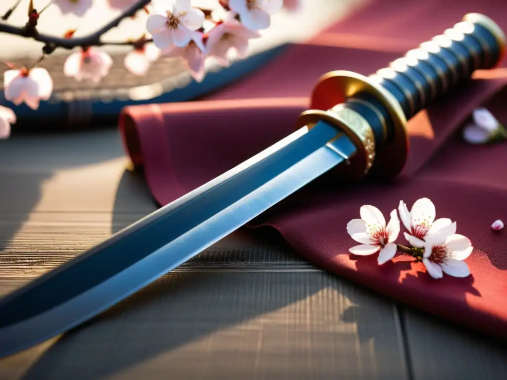 Una katana japonesa descansa sobre pétalos de cerezo, resaltando su elegancia y conexión con la historia de los samuráis en Japón