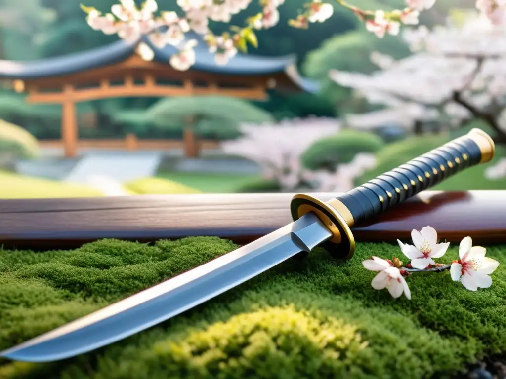 Una katana japonesa descansa sobre pétalos de cerezo, reflejando el arte y la tradición samurái en un jardín sereno